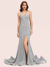 Sexy Halter V-neck Side Slit Stretchy Jersey Long Mermaid Evening Prom Dresses