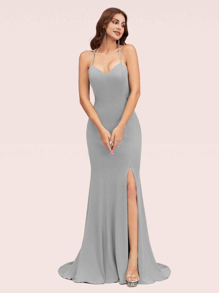 Sexy Halter Criss Cross Back Stretchy Jersey Long Mermaid Evening Prom Dresses With Slit