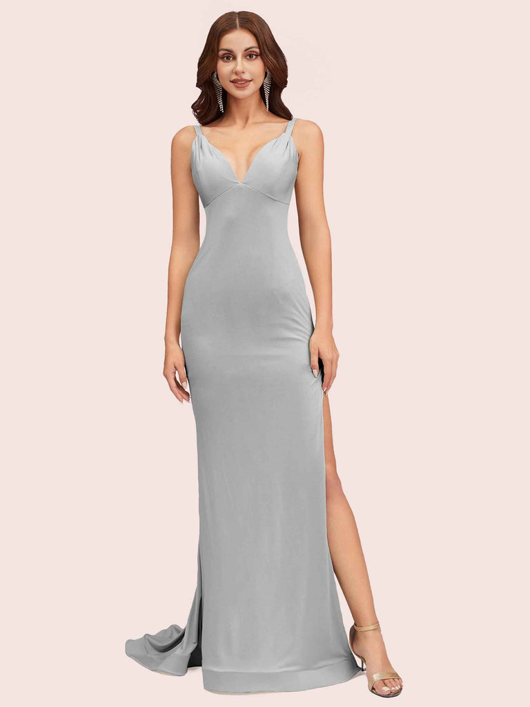 Sexy V-neck Side Slit Stretchy Jersey Long Mermaid Party Prom Dresses 2023