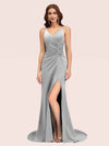 Sexy Spaghetti Straps V-neck Side Slit Stretchy Jersey Long Mermaid Bridesmaid Dresses