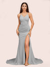 Sexy Spaghetti Straps Sleeveless Mermaid Jersey Long Formal Prom Dresses With Slit