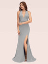 Sexy Halter Sleeveless Open Back Side Slit Stretchy Jersey Long Mermaid Bridesmaid Dresses