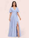 Elegant V-neck Short Sleeves Long Soft Satin Party Prom Dresses With Slit