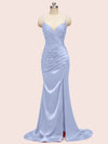 Sexy Spaghetti Straps V-neck Mermaid Long Satin Graduation Prom Dresses With Slit