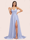 Elegant A-line Spaghetti Straps Long Soft Satin Party Prom Dresses With Slit