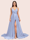 Elegant Spaghetti Straps V-neck Long Soft Satin Side Slit Bridesmaid Dresses For Sale