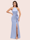 Sexy Mermaid Halter Long Silky Satin Party Prom Dresses With Slit