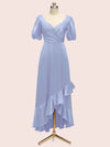 Beautiful Short Sleeves V-Neck Soft Satin Cheap Short Bridesmaid Dresses