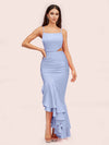 Sexy Unique Mermaid Spaghetti Straps Asymmetrical Soft Satin Formal Prom Dresses