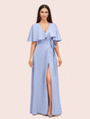 Elegant Bat Sleeves V-neck Side Slit Long Soft Satin Bridesmaid Dresses