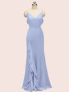 Sexy Mermaid Spaghetti Strap V-neck Long Soft Satin Prom Dresses With Slit