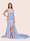 Sexy Mermaid One Shoulder Long Soft Satin Side Slit Evening Prom Dresses Online