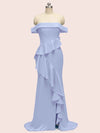 Sexy Off Shoulder Ruffles Long Soft Satin Party Prom Dresses With Slit