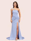 Sexy Mermaid One Shoulder Unique Side Slit Soft Satin Evening Prom Dresses Online