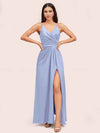 Modern Spaghetti Straps V-neck Side Slit Long Satin Bridesmaid Dresses With Slit