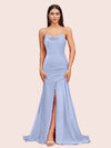 Sexy Backless Mermaid Spaghetti Straps Long Soft Satin Bridesmaid Dresses With Slit