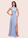 Elegant A-line High Neck Long Side Split Long Soft Satin Bridesmaid Dresses For Sale