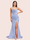Sexy Backless Mermaid Spaghetti Straps Scoop Long Soft Satin Bridesmaid Dresses With Slit