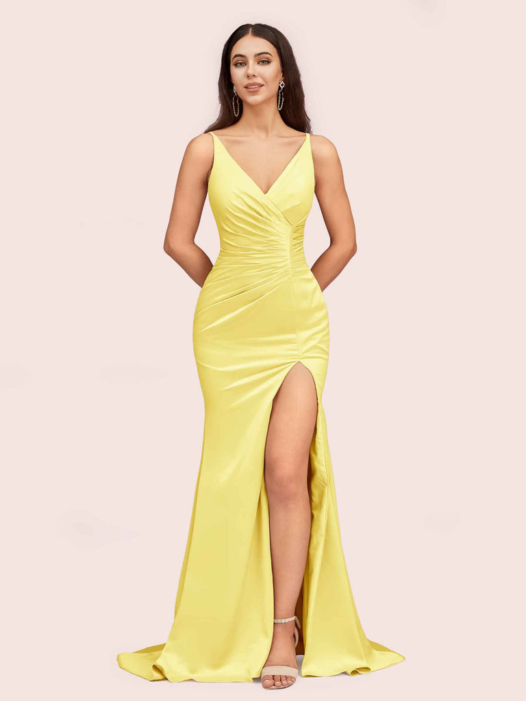 Sexy Mermaid V-neck Side Slit Long Soft Satin Graduation Prom Dresses Online Sexy Mermaid V-neck Side Slit Long Soft Satin Graduation Prom Dresses Online