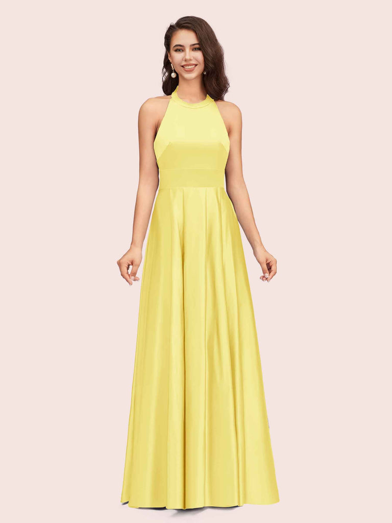Sexy Backless Halter Simple Long Satin Graduation Prom Dresses With Bow Sexy Backless Halter Simple Long Satin Graduation Prom Dresses With Bow