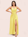 Modern Spaghetti Straps V-neck Side Slit Long Satin Party Prom Dresses With Slit