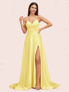 Elegant A-line Spaghetti Straps Long Soft Satin Bridesmaid Dresses With Slit