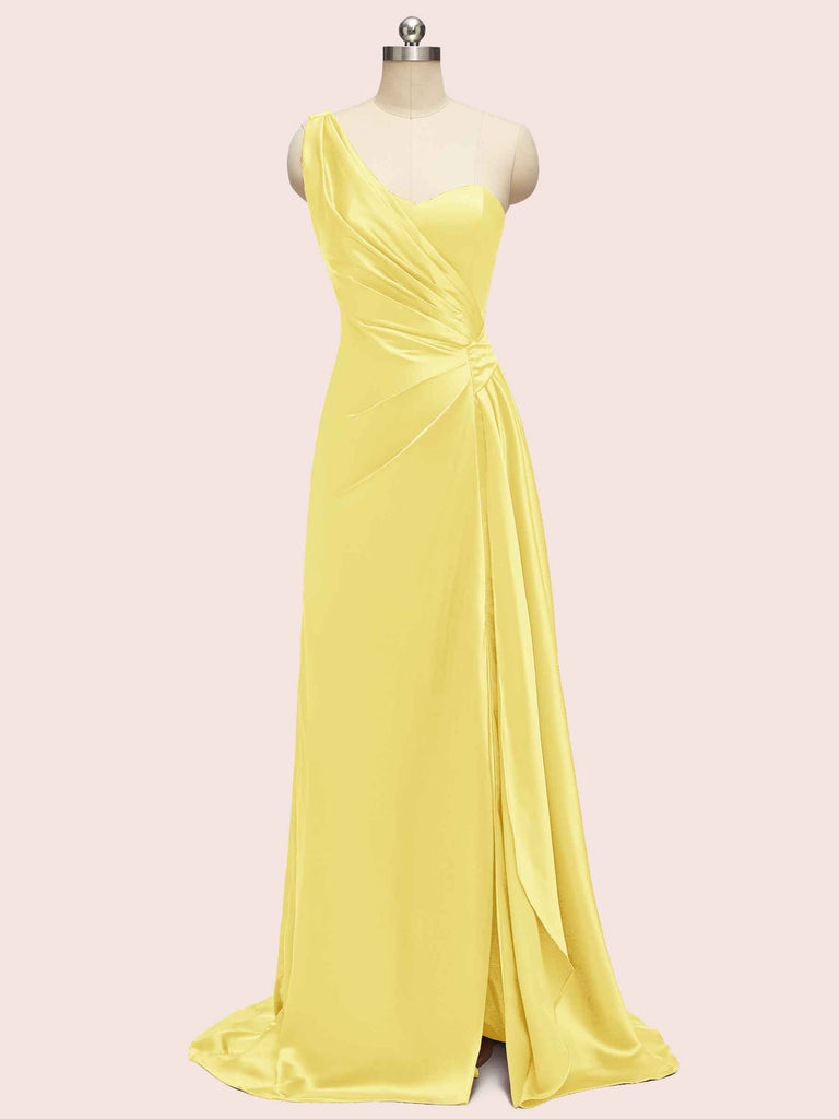 Sexy Side Slit One Shoulder Long Soft Satin Bridesmaid Dresses Online