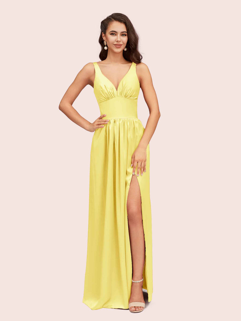 Sexy V Neck Long Soft Satin Side Slit Bridesmaid Dresses Online