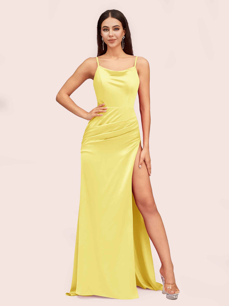 Sexy Spaghetti Straps Mermaid Long Soft Satin Graduation Prom Dresses With Slit Sexy Spaghetti Straps Mermaid Long Soft Satin Graduation Prom Dresses With Slit