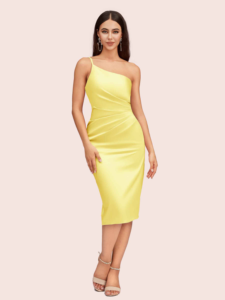 Cetims Elegant Sheath One Shoulder Soft Satin Short Bridesmaid Dresses Marigold