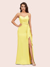Sexy Spaghetti Straps V-neck Long Mermaid Satin Graduation Prom Dresses With Slit