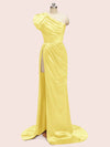 Sexy One Shoulder Side Slit Long Soft Satin Graduation Evening Prom Dresses