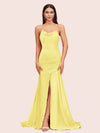 Sexy Backless Mermaid Spaghetti Straps Long Soft Satin Bridesmaid Dresses With Slit