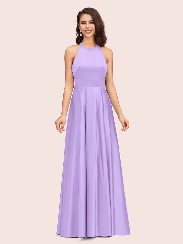 Sexy Backless Halter Simple Long Satin Graduation Prom Dresses With Bow Sexy Backless Halter Simple Long Satin Graduation Prom Dresses With Bow