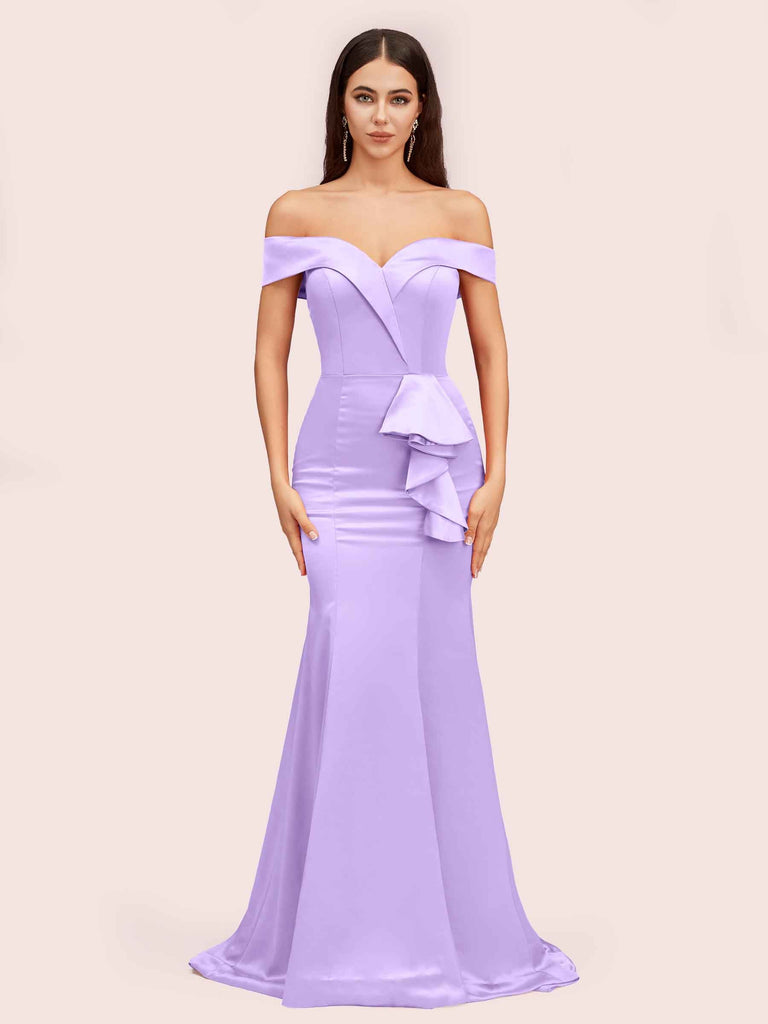 Elegant Soft Satin Mermaid Off Shoulder Unique Long Evening Prom Dresses Online