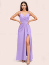 Modern Spaghetti Straps V-neck Side Slit Long Satin Bridesmaid Dresses With Slit