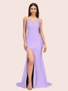 Simple Mermaid Spaghetti Straps Side Slit Long Soft Satin Formal Prom Dresses 2023