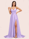 Elegant A-line Spaghetti Straps Long Soft Satin Bridesmaid Dresses With Slit