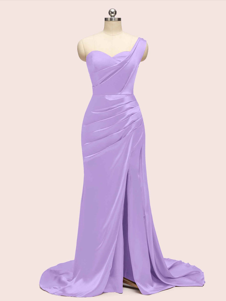 Sexy One Shoulder Long Soft Satin Mermaid Party Prom Dresses With Slit