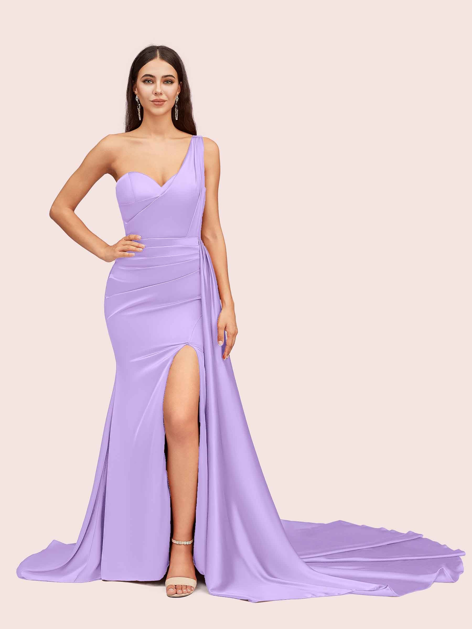 Sexy Mermaid One Shoulder Long Soft Satin Side Slit Bridesmaid Dresses