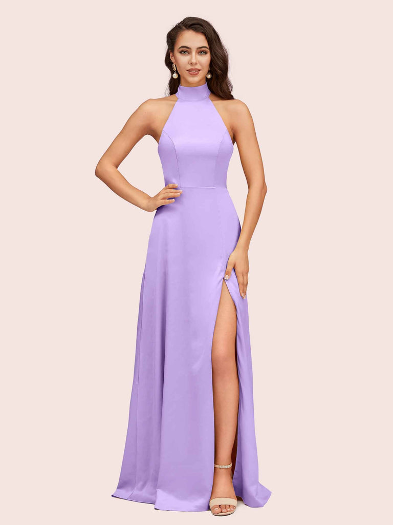 Elegant A-line High Neck Long Side Split Long Soft Satin Bridesmaid Dresses For Sale Elegant A-line High Neck Long Side Split Long Soft Satin Bridesmaid Dresses For Sale