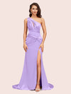 Sexy Side Slit Mermaid One Shoulder Long Soft Satin Evening Prom Dresses Online