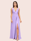 Sexy V-neck Long Side Slit Silk Satin Evening Prom Dresses Online