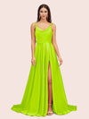 Elegant A-line Spaghetti Straps Long Silky Satin Evening Prom Dresses With Slit