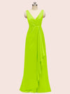 Elegant V-neck Floor Length Long Soft Satin Bridesmaid Dresses With Slit