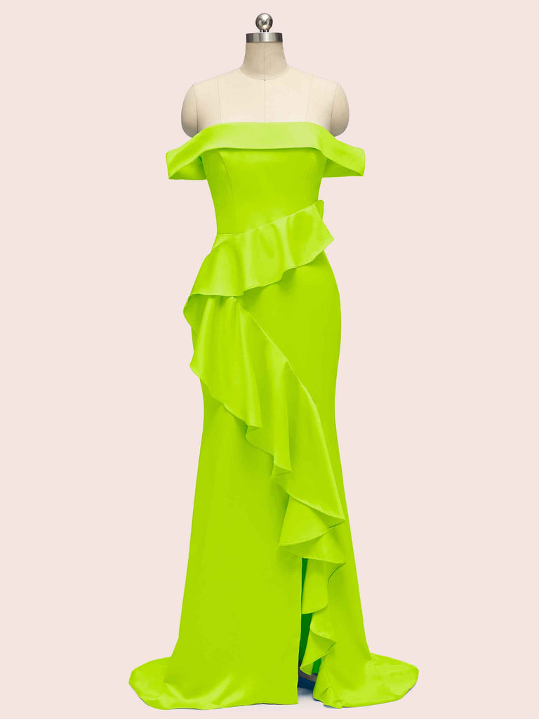 Sexy Off Shoulder Side Slit Long Soft Satin Bridesmaid Dresses With Ruffle Sexy Off Shoulder Side Slit Long Soft Satin Bridesmaid Dresses With Ruffle
