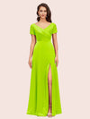 Elegant V-Neck Short Sleeves Long Soft Satin Party Prom Dresses With Slit