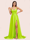 Elegant A-line Spaghetti Straps Long Soft Satin Bridesmaid Dresses With Slit For Sale