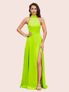 Elegant A-line High Neck Long Side Split Long Soft Satin Bridesmaid Dresses