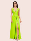 Sexy V-neck Long Side Slit Silk Satin Evening Prom Dresses Online
